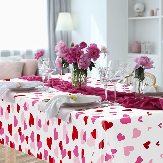 12 Pack Valentines Plastic Tablecloth, 54" x 108" Valentines Decorations, Heart Disposable Red Pink Galentine Tablecloths Love Party Favors, Love Decorations Table Decor for Birthday Party Supplies