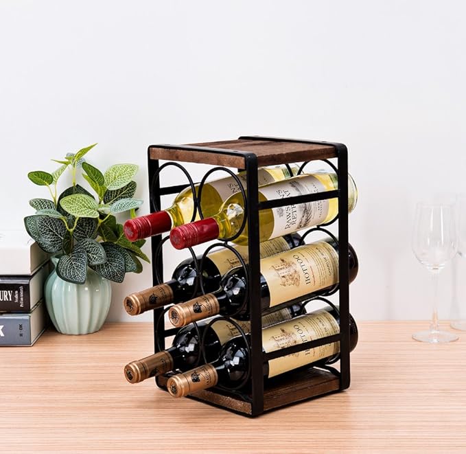 Rustic Wood Countertop Wine Rack 6 Bottles No Need Assembly Brown