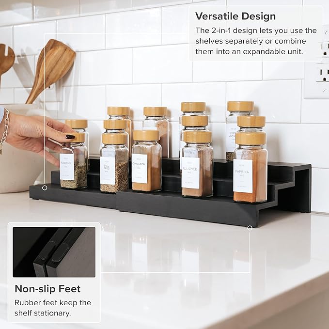 KitchenEdge Expandable Spice Rack Organizer for Cabinet, 3-Tier Shelf for Spice Organization (11??to 22??, Fits 36 Spice Jars, Seasoning and Pantry Storage, Non-Slip Feet, 100% Bamboo, Black Finish