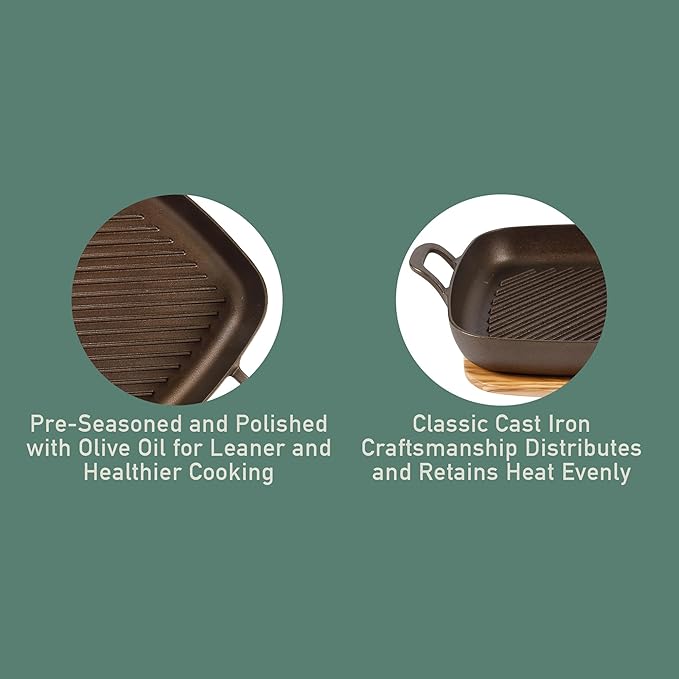 Bloomhouse - Two Time Oprah's Favorite Things Winner - Natural Bronze Finish 12" Square Cast Iron Grill Pan ??Olive Oil Treated Surface w/Dual Handles & Olive Wood Trivet, Oven Grill Campfire Safe