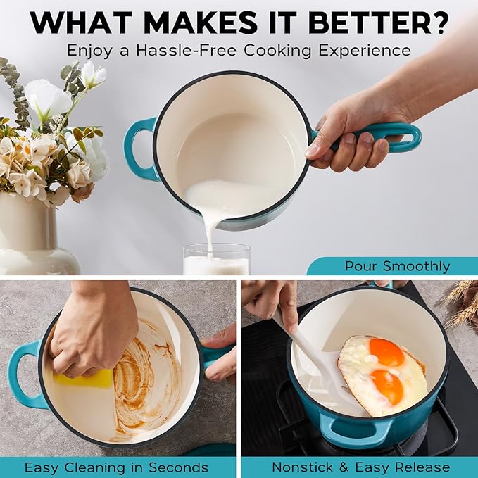 Onader Enameled Cast Iron Sauce Pan, 2QT Saucepan with Lid, Small Cast Iron Pot for Cooking, Enamel Dutch Oven Nonstick & Heavy Duty ??Dark Cyan