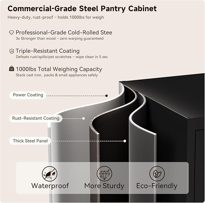 71" Black Kitchen Pantry Cabinet,4-Tier Tall Metal Storage Cabinet with Drawer,Freestanding Display Steel Cupboard for Dining Room,Living Room,Hallway,Bathroom