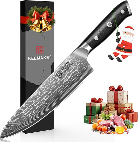 KEEMAKE Damascus Chef Knife, 8 Inch Kitchen Knife, 67 Layers Damascus Knife Professional Kitchen Knives with Japanese VG10 Core, Sharp Chefs Knives with Ergonomic G10 Handle