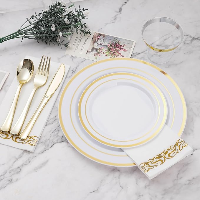 BESTVIP 700 PCS Gold Dinnerware Set for 100 Guests, Plastic Dinnerware Set for Party, Christmas, Include: 200 Plastic Plates, 100 Gold Silverware, 100 Cups, 100 Paper Napkins