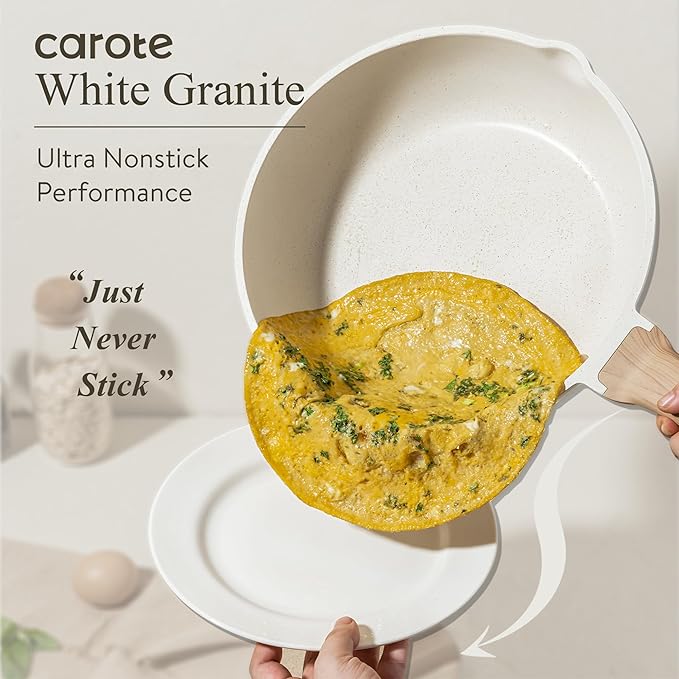 CAROTE 12Inch Nonstick Deep Frying Pan with Lid, 5.5 Qt Jumbo Cooker Saute Pan with Pour Spout, Skillet Induction Cookware, Non Stick Cooking Pan Kitchen Pan PFOA Free, White Granite
