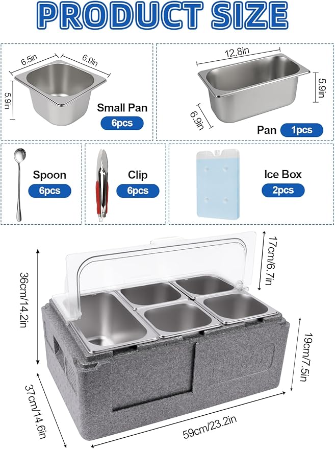 Lanstics Pizza Topping Station 7 Pans Salad Bar Buffet Station Insulated Cold Food Buffet Server with Ice Packs Lids Buffet Containers Set Platter Box for Party Buffet Keeping Food Cold