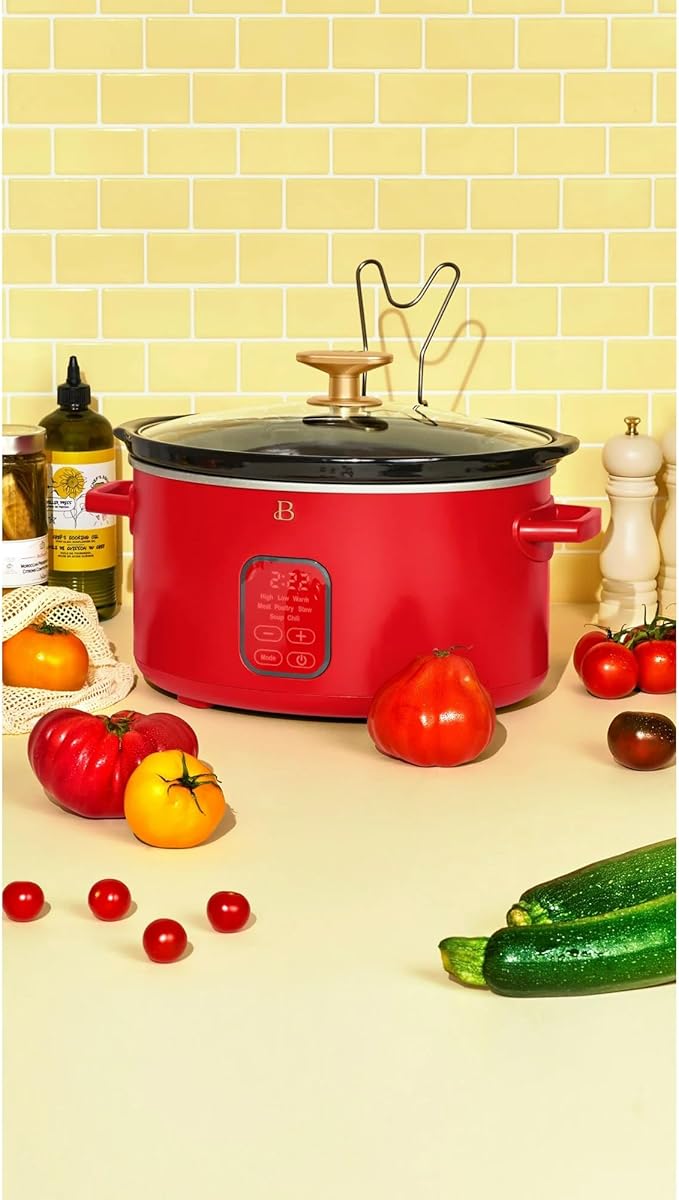 Beautiful 6 Quart Programmable Slow Cooker, 5 Cooking Presets, Digital Countdown Timer, Dishwasher Safe Parts by Drew Barrymore (Tomato Red)