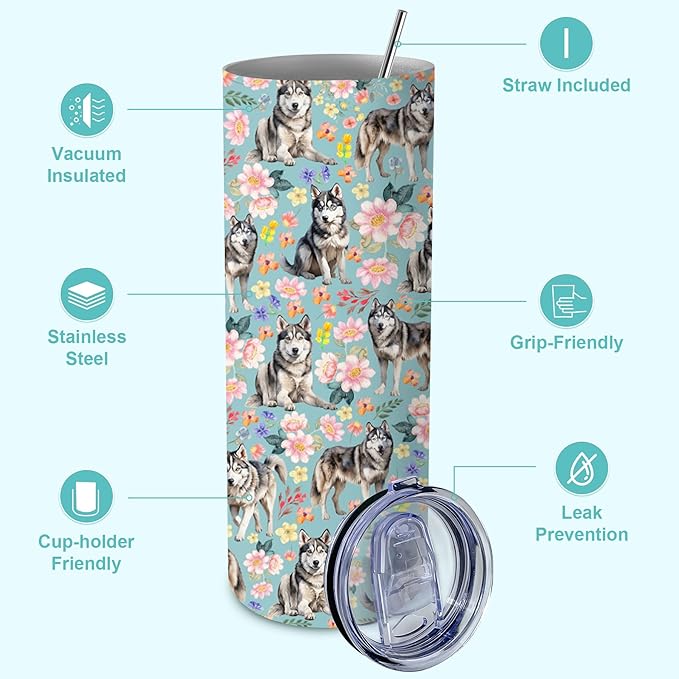 Yogusut Siberian Husky Gifts for Women, 20oz Stainless Steel Insulated Tumbler Travel Mug Cup with Lid Straw Brush, Gifts for Dog Mom Dog Lover