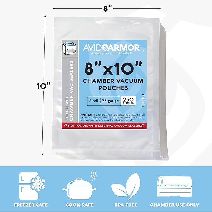 Avid Armor Chamber Vacuum Sealer Bags ??Heavy Duty, BPA-Free, Pre-Cut Chamber Vacuum Bags for Food Preservation, Freezer Storage, Sous Vide and more, 250/Pack (8x10) ??Multi-Use Vacuum Bags