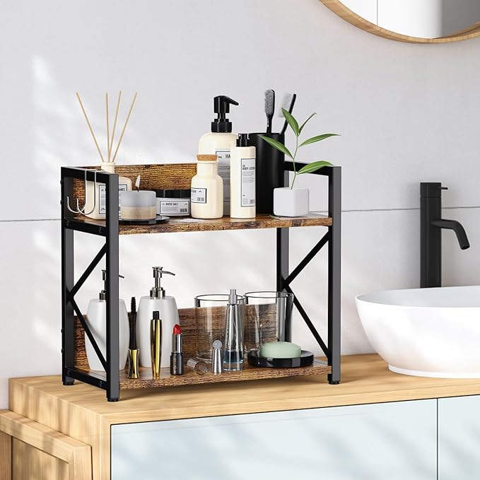 Spice-Rack-Organizer-Shelf for Kitchen Counter, 2 Tiers Coffee Bar Station Organizer for Countertop竊똕pace Saving Desk Shelving Riser Unit (Rustic Brown, Small)