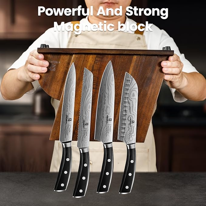 15 PC Magnetic Knife Sets for Kitchen with Block, Kitchen Knife Set Made of German High Carbon Stainless Steel Damascus Pattern as Gift for Couple, Wedding, Women or Mom with Gift Box