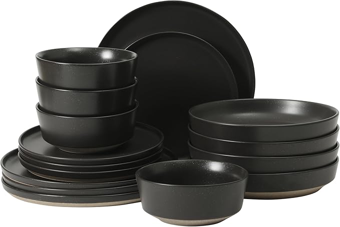 Gibson Elite Overbrook 16-Piece Pottery Clay Stoneware Dinnerware Set ??Black Reactive Glaze, Stackable Plates and Bowls W/Pasta Bowl, Service for 4 ??Microwave & Dishwasher Safe