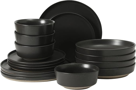 Gibson Elite Overbrook 16-Piece Pottery Clay Stoneware Dinnerware Set ??Black Reactive Glaze, Stackable Plates and Bowls W/Pasta Bowl, Service for 4 ??Microwave & Dishwasher Safe