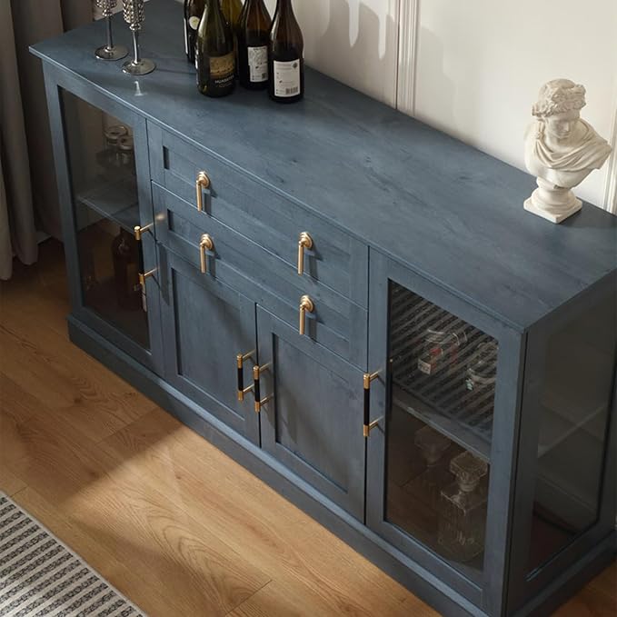 58.2'' Modern Sideboard Buffet Cabinet with Storage, Accent Coffee Bar Cabinet with 2 Glass Doors,Sideboard Credenza with Two Drawers and Adjustable Shelves,Blue