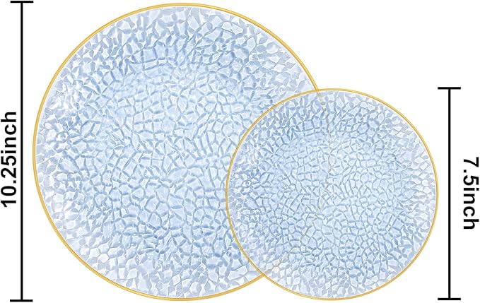 SUT 100Pcs Blue Plastic Plates, Hammered Plates Disposable Heavy Duty, Blue Disposable Plates With Gold Rim, Fancy Plastic plates Include 50 Dinner plate and 50 Dessert plates for Wedding
