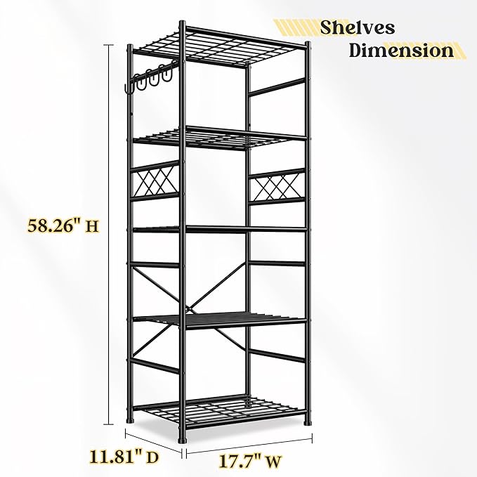 5-Tier Storage Shelves,Sturdy Metal Shelving Unit with Hooks,Wobble-Free Storage Rack with Leveling Feet,Slim Standing Shelf Organizer for Kitchen Pantry Laundry Bedroom,17.7?쓂횞11.8?쒭 횞58.3?쒱,Black