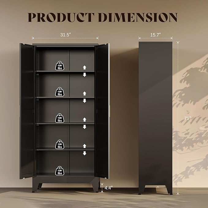 71" H Black Pantry Kitchen Cabinet with Doors,Black Metal Storage Cabinets,Freestanding Pantry Cabinet,Farmhouse Food Storage Cabinets,Tall and Large Pantry Cabinets for Kitchen, Dining Room