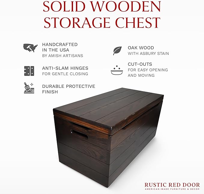 Hope Woodworking Amish Made Wooden Storage Chest Trunk Box with Lid and Handles for Bedroolanket, Clothes, Anti-Slam Hinges, Handmade, Rustic, Oak Wood, Asbury Stain, 42"