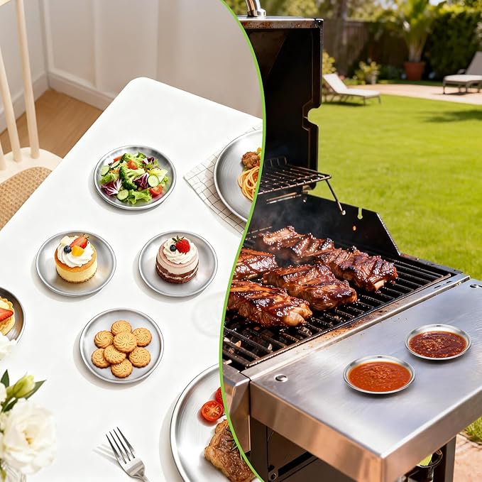 Stainless Steel Plates, 6 Pack 5.5 inch Mini 201 Metal Food Serving Plate Set, Reusable Snack Eating Dishes Round Shatterproof Silver Brushed Finish Dishes for BBQ Dinner Oven Dishwasher Safe