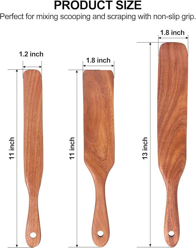 3 Pcs Teak Wood Spurtle Set for Sourdough Starter Spurtles Kitchen Tools Flat Bread Spatula Scraper for Cooking Utensils Set Skinny Wooden Jar Spurtle Spatulas Turner Sourdough Stirrer Stick Spoon