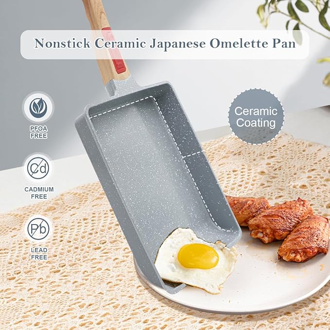 Ceramic Tamagoyaki Pan, Japanese Omelette Pan Nonstick, Rectangle Square Egg Frying Pan Skillet Nonstick, Detachable Handle, PFAS & PFOA-Free, Oven Safe, 9" x 8.2"
