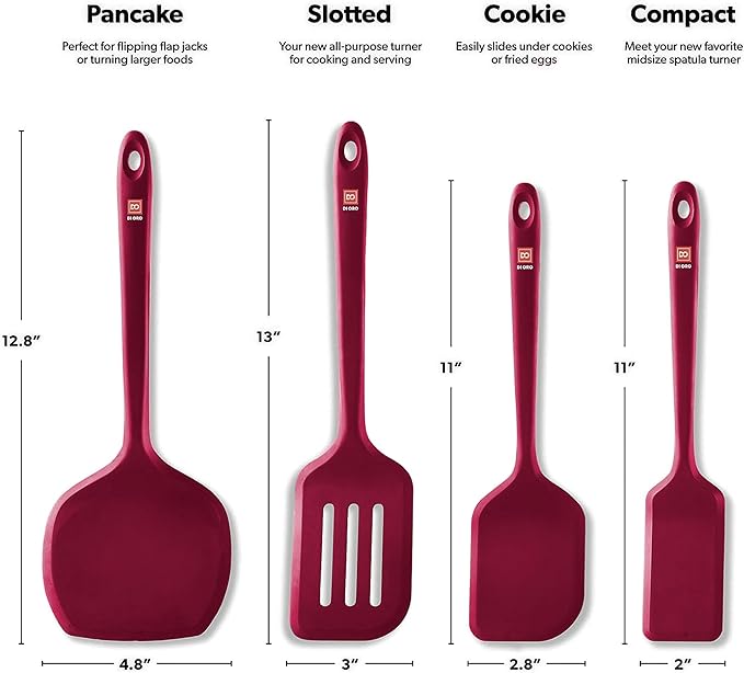 New DI ORO Seamless Series Moda 4-Piece Silicone Turner Spatula Set - 600째F Heat-Resistant Flexible Kitchen Spatulas for Nonstick Cookware - Flippers for Eggs & Pancakes - Utensils for Cooking (Red)