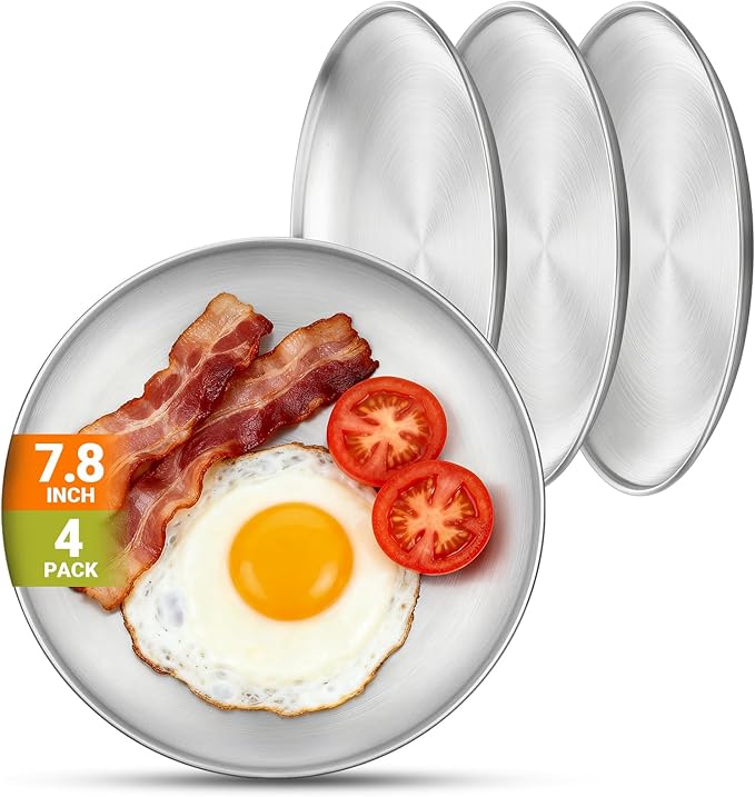 4 Stainless Steel Plates, 7.8 inch Small 201 Metal Camping Plate, Reusable Food Serving Dishes Snack Eating Round Shatterproof Brushed Finish Silver Dish for Dinner Oven Dishwasher Safe