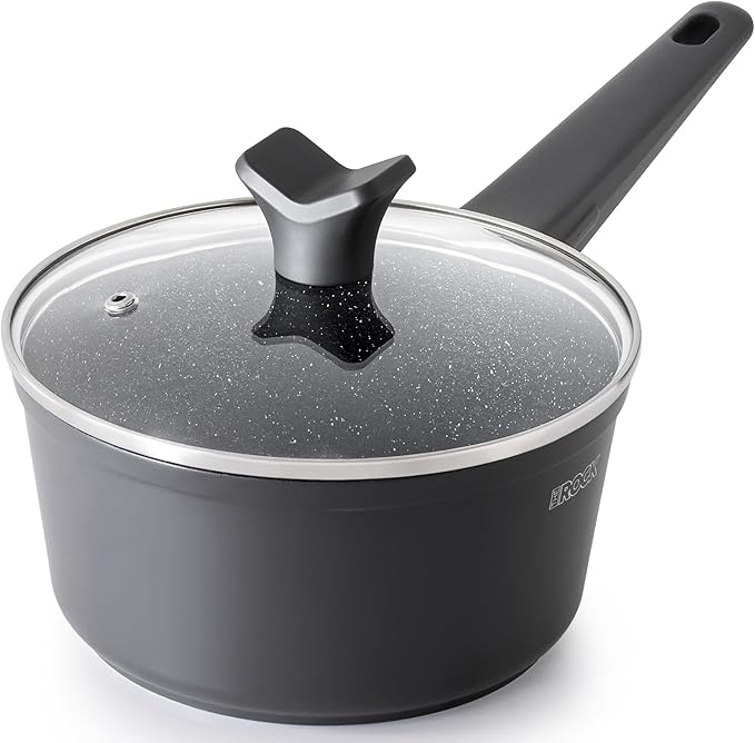 THE ROCK SOHO Nonstick Saucepan with Lid, 2 Quarts Small Pot with PPG Quantum2 Coating ??Durable for Urban Kitchens, Nothing Sticks, Never Warps, Lasts Longer, Induction Compatible, PFOA-Free, Black