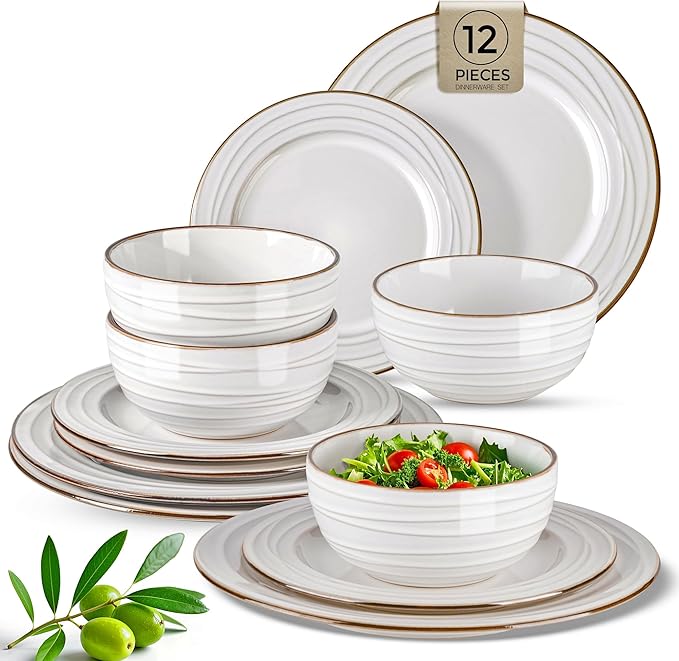 GBHOME Ceramic Dinnerware Sets,12 pcs Embossed Elegant Stoneware Plates and Bowls Sets, Housewarming Wedding Gift | Dishwasher & Microwave Safe | Dishes Set Service for 4