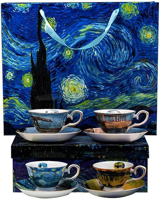 Van Gogh Bone China Set of 4 Cups and Saucers, Coffee Cup and Saucer Set With Gift Box, 7.4-Ounce Art Coffee Mugs Set - Perfect Birthday/Holiday/Wedding Gift