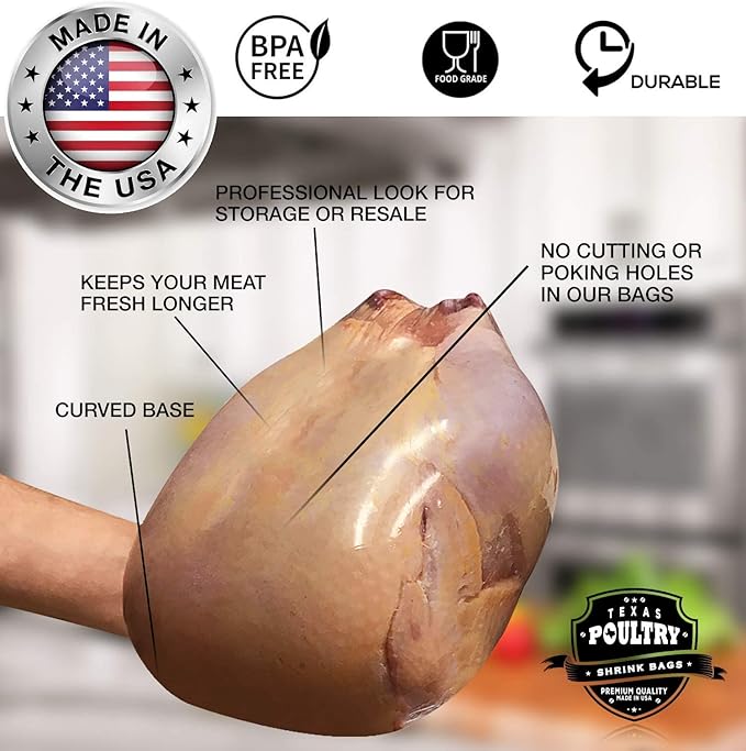 Poultry Shrink Clear Bags for Chicken Parts - 7 inch x 12 inch with zip ties BPA Free, MADE IN USA (25)