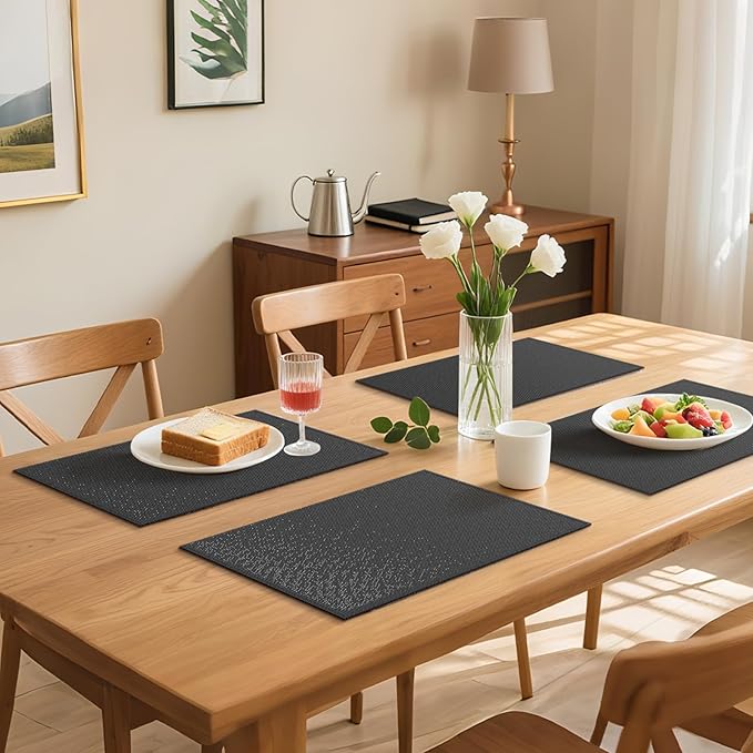 Blue Forest | Rectangular Faux Linen Placemats Set of 8 | Dual- Layered Thickened for Durability | Heat Resistant | Machine Washable | Wrinkle Free for Easy Care Indoor/Outdoor Use - Dark Green
