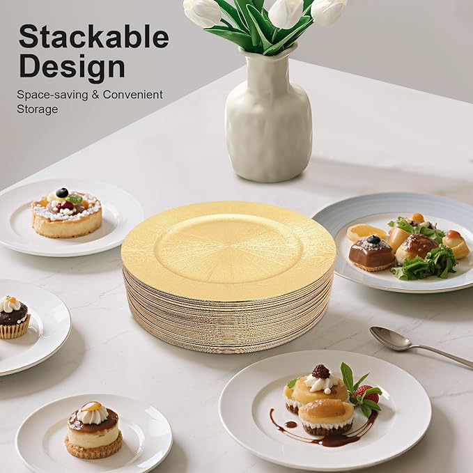 50pcs Gold Charger Plates, 13" Round Reusable Decorative Flower Relief Carving Bulk Chargers for Dinner Plates, Wedding, Bridal Shower