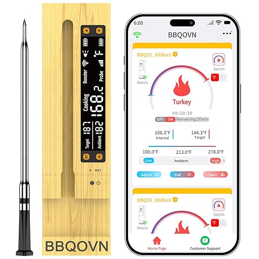 BBQOVN Smart Wireless Meat Thermometer,WiFi Unlimited Range Sub-1G (10X Stronger Than Bluetooth) 7 NIST-Certified Sensors 짹0.5째F Accuracy with Smart Base for BBQ, Grill, Smoker & Oven(1, Black)
