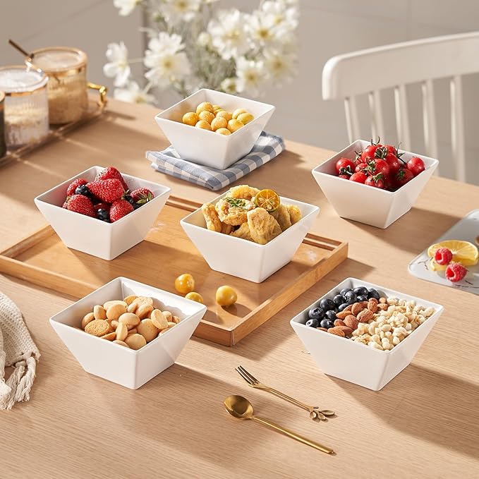 Meideal Porcelain Small Serving Bowls Set of 6, 13 Oz Square Cereal Bowls, 4.6" White Ceramic Dessert Bowls for Salad, Dip, Soup, Snack, Fruits, Small Portions, Dishwasher & Microwave Safe