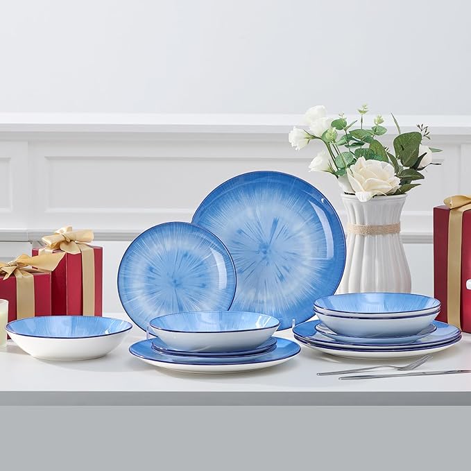 Bestone Porcelain Dinnerware Sets Service for 4, 12 pcs Hand drawn Plates and Bowls Sets, Handmade Ceramic Dish Set, Chip Resistant Modern Plate Set, Dishwasher/Microwave Safe竊똕tarburst blue