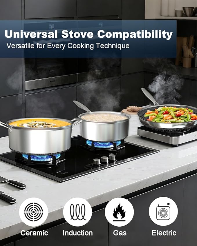 FogDream Stainless Steel Cookware, Tri Ply Pots And Pans Set, Non Stick Frying Pans, Soup Pot & Sauce Pan With Tempered Glass Lids, Cool Handles, Dishwasher Safe, Induction Compatible, Silver