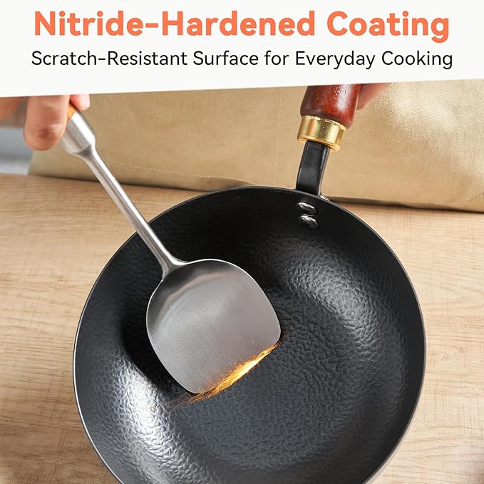 WANGYUANJI 8 Inch Hammered Iron Stir Fry Pan for 1?? Servings, Removable Beechwood Handle, Traditional Small Wok for Searing, Saut챕ing, Stir-Frying ??Non-Coated, Stovetop Compatible