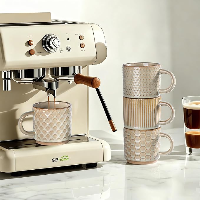 GBhome 6OZ Stackable Coffee Mugs, Ceramic Coffee Mugs with Texture Patterns for Man,Woman,Dad,Mom, Modern Coffee Cups Set of 4 for Espresso/Cappuccino. Dishwasher&Microwave Safe