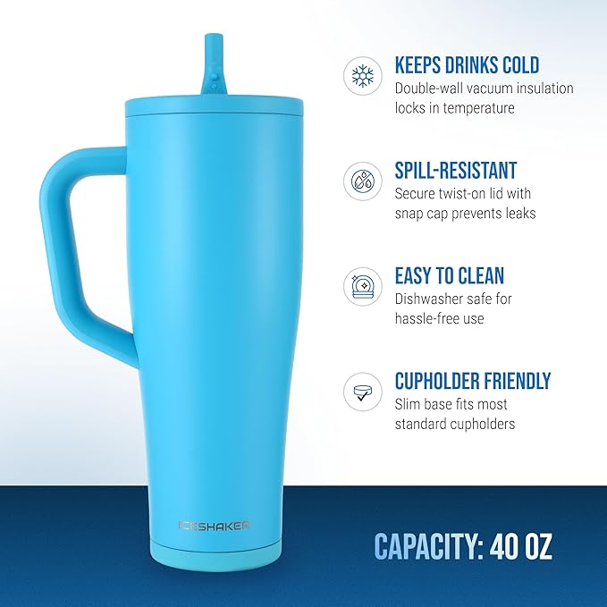 Ice Shaker 40 oz Tumbler with Handle and Straw | 40oz Caribbean Blue | Cold for 30+ Hours | 2-in-1 Tumbler Shaker Bottle | Odor-Free 40 ounce Bottle for Water, Protein Shakes, Smoothies, Cocktails