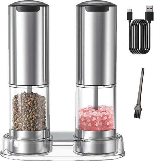 Electric Salt and Pepper Grinder Set, Rechargeable Automatic Pepper Mill Grinder with Led Light, One Hand Operation, Adjustable Coarseness, USB-C Recharging, Refillable, 95ml, Silver(2 Pack)