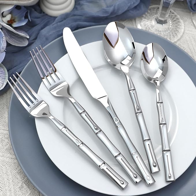 Silverware Stainless Steel Flatware Set Silver Bamboo Pattern Cutlery Set, 5-Piece Service for 1