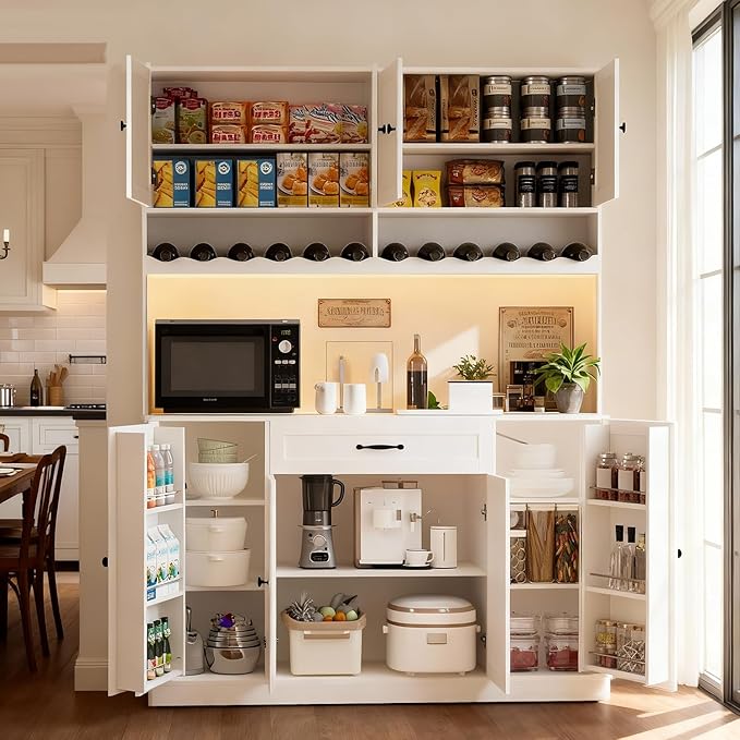72" Tall Pantry Storage Cabinet with LED Light 55" Wide Kitchen Pantry Cabinet with Charging Station and Adjustable Shelves Modern Kitchen Hutch with Wine Rack and Large Countertop White