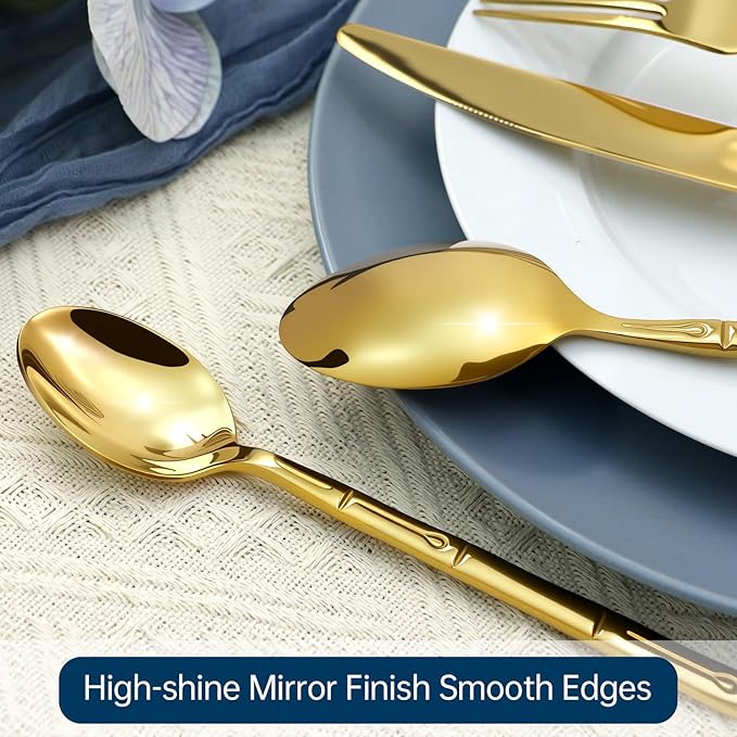 Silverware 20-Piece Stainless Steel Mirror Gold Flatware Set Bamboo Pattern Cutlery Set Service for 4