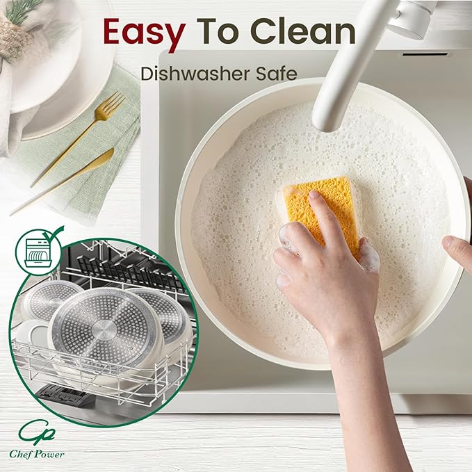 Chef Power Ceramic Cookware Set Non Toxic with Detachable Handles, Healthy Nonstick Pans and Pots Set 19 Pcs, Induction Dishwasher Oven Safe Kitchen Set, PFAS PFOA & PTFE Free, Cream White