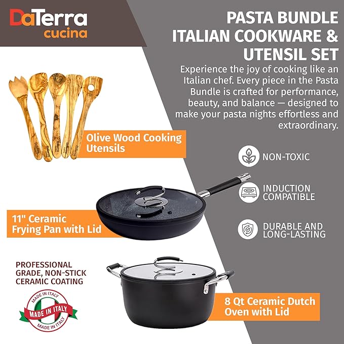 DaTerra Cucina - 8 Qt, 11??Nonstick Pasta Bundle ??Dutch Oven with Lid, Frying Pan with Lid, and Olive Wood Cooking Utensils | Made in Italy