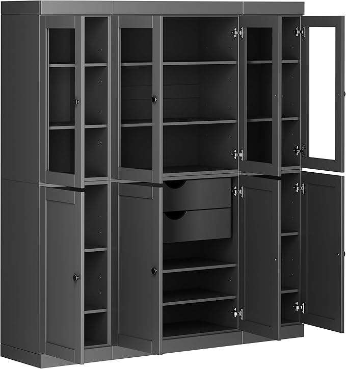 Palace Imports 100% Solid Wood Kitchen China Pantry Cabinet, 65" W - 4 Clear Glass & 4 Shaker Doors, Renewable Eco-Friendly Wood, Made in Brazil (Gray, 8 China/Shaker Doors | 2 Drawers)