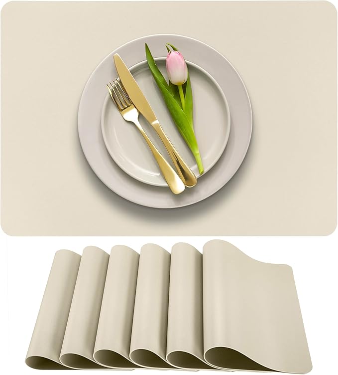 More D챕cor Faux Leather Placemats Set of 6 for Dining Table ??Waterproof, Wipeable, Washable, Stain & Heat Resistant, Non-Slip Table Mats ??12 X 17 Inch, (Solid Ivory, 6)