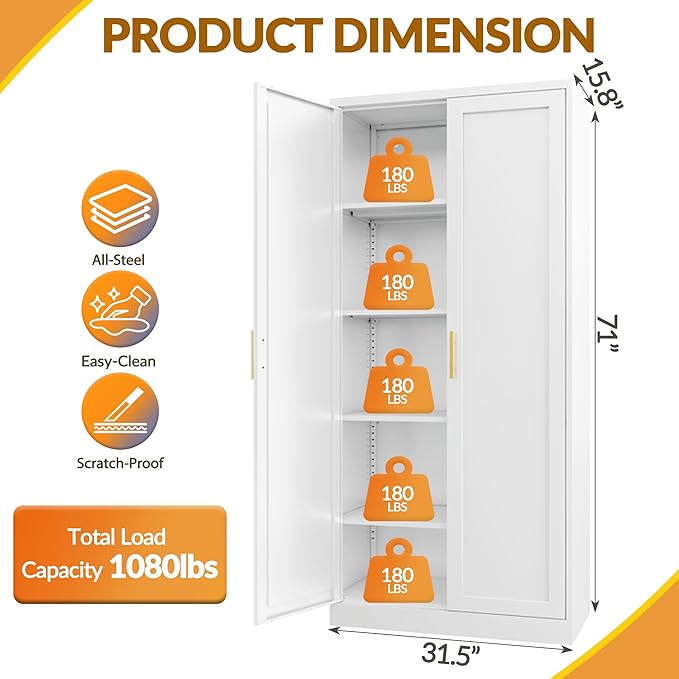 Kitchen Pantry Cabinet,71??Metal Tall Pantry Storage Cabinet with Doors and 4 Adjustable Shelves,Kitchen Storage Cabinets White Freestanding Food Cabinet for Pantries, Kitchen, Livingroom, Dining Room