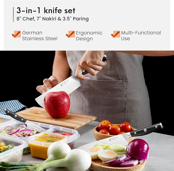 3-Piece Kitchen Knife Set ??Includes 8??Chef Knife, 7??Nakiri, 3.5??Paring ??High Carbon German Stainless Steel Blades, Ergonomic Handle ??Versatile Knife Trio for Chopping, Dicing, and Slicing